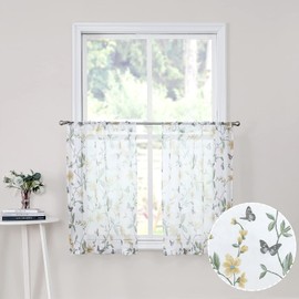 Tollpiz - Cortinas cortas transparentes de nivel floral con estampado de mariposas y flores amarillas, con bolsillo para barra de cocina, cortinas de lino sintético para baño, 30 x 24 pulgadas de