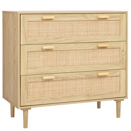 Finnhomy 3 Drawer Dresser for Bedroom 35.43” Wide Wooden Bedroom Dressers with Drawers, Rattan Dresser Modern Cane Dressers Chest of Drawers Wood Oak 3 Drawer Dresser for Bedroom Hallway Living Room