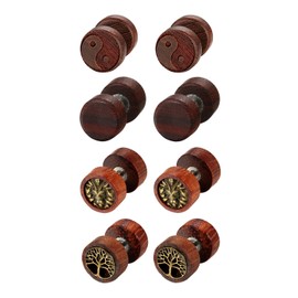 Aroncent Wooden Earrings, 3/4 Pairs, Yin Yang, Tree of Life, Lion Head, Vintage Earrings for Men and Women, Stainless Steel Wood