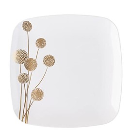 EcoQuality 8.5" inch Square White Plastic Plates Dinner Plate with Gold Dandelion China Like Party Plates, Premium Heavy Duty Large Disposable Salad Plate Weddings, Catering, Non Toxic (40 PACK)