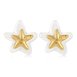 MYCUTEY Double Starfish Earrings With White And Gold Tone For Women Statement Ocean Stud Earrings Chunky Gold Summer Beach Jewelry