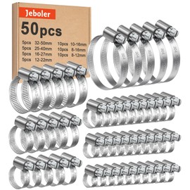 50Pcs 8-50mm Hose Clips Set, Jeboler Small Hose Clamp Adjustable Worm Drive Hose Pipe Clamps, Stainless Steel Pipe Clip Tube Hose Assortment Tube Joining Clips for Pool Fuel Line and Garden - 7 Size