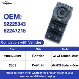 Tidy Heal Master Power Window Switch Driver Side for 2008-2009 Pontiac G8 GT GXP Sedan 4-Door Replaces 92225343,92247215