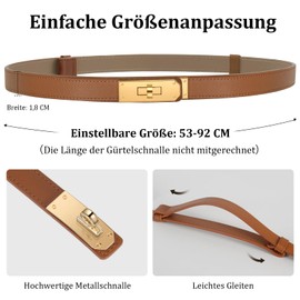 Chritice Pack of 2 Slim Belts, Women's Leather Belt, Solid Colour, Classic Alloy Twist Lock Waist Belt, Women's Belt for Jeans, Dress, Gifts for Women, Width 1.8 cm, Length 53-92 cm, Gold/Caramel