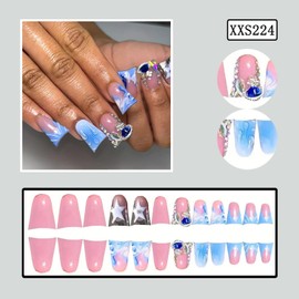 FIEONCIY Press on Nails Duck Shaped Acrylic Medium Duck French False Nails with Designs Artificial Duck Shaped Fake Nails with Charms Glue ons Nails Stick on Fingernails for Women Girls(XXS224)