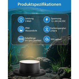Low Voltage Pond Lighting Underwater Light with UL Cord, IP68 Waterproof LED Pool Lighting, Warm White 2700 K Garden Pond LED for Pool Waterfall Lighting (Transformer Not Included)