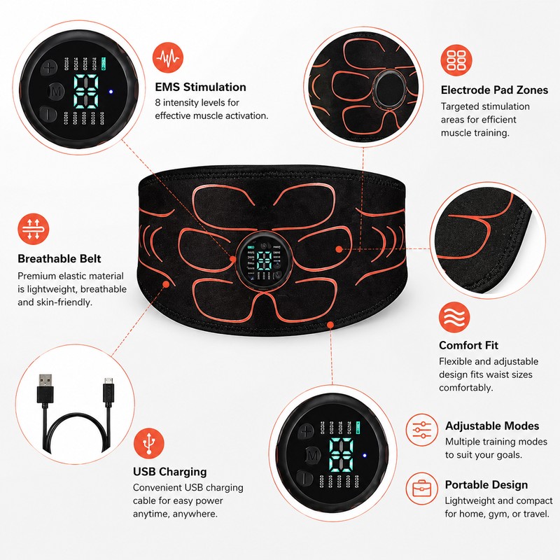 EMS Abdominal Trainer Belt for Home Fitness – USB Rechargeable