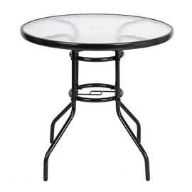 Pinikuyiro Outdoor Round Patio Table with Umbrella Hole, All Weather Dining Table Tempered Glass Top, Bistro Coffee Table Furniture Commercial Party Event for Backyard Lawn Balcony Pool