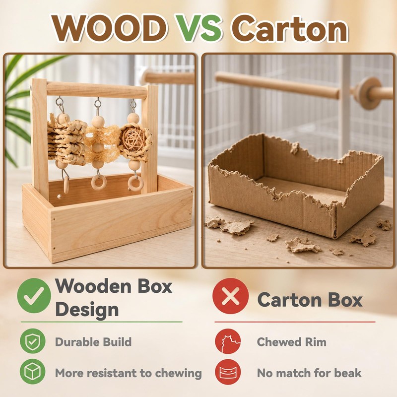 Wooden Bird Parrot Foraging Toys Box with Perch Stand, Cage