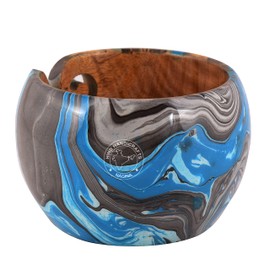 Hind Handicrafts Premium Solid Dark Handmade Crafted Wooden Portable - Antique Yarn Storage Bowl - Holder for Knitting Crochet Hook Accessories (6" x 6" x 4", Blue Waves)