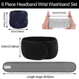 BTIYMU Set of 6 Make-Up Hair Bands, Cosmetic Wrist Wash Band Set, Spa Headband, Skincare, Terry Towelling Hair Bands, Women's Make-Up Hair Band, Velcro Hair Band, Make-Up Beauty Headband, Black, Grey
