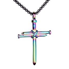 PAMTIER Men's Stainless Steel Nail Cross Pendant Necklace Christian Jesus Christ Multicolor with Black Chain