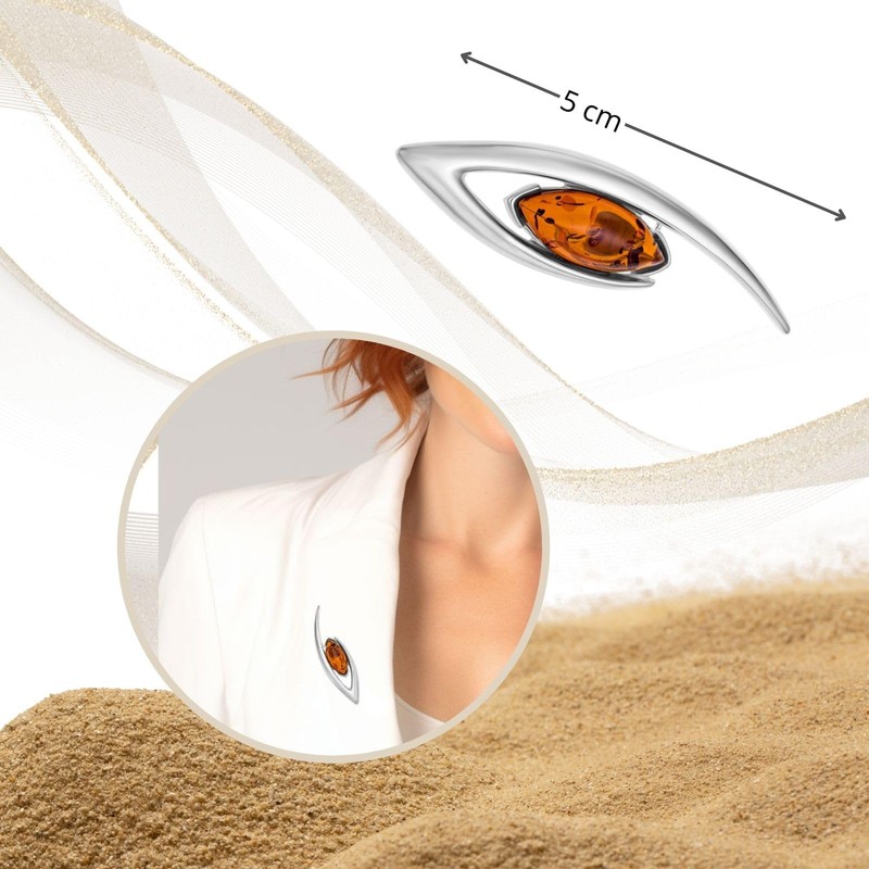925 Silver Lapel Pin with Amber in Gift Box, Gemstone,