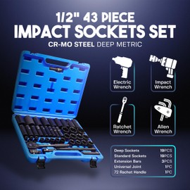 1/2" Drive Heavy Duty Metric Impact Sockets 43PC, Durable 6 point Sockets, High Impact Strength CR-MO Quality, Deep And Shallow, Extensions incl, 72 tooth HD Ratchet Drive