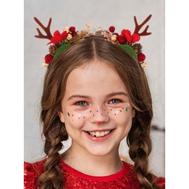 Vakkery Christmas Headband Reindeer Antler Headbands Christmas Costume Headpiece with Flower Christmas Party Hair Accessories for Women and Girls (Style A)