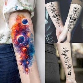 70 Blätter Aquarell Planeten Galaxie Temporäre Tattoos Frauen Männer Kinder Jungen Klebetattoos Erwachsene, Bunt Stern Universum Tattoos Zum Aufkleben, Unterarm Fake Tattoo Aufkleber Weltraum