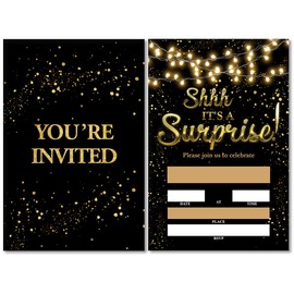 Soiceu Real Gold Foil Shhh It's a Surprise Birthday Party Invitations with Envelopes Set of 20 Black Gold Glitter Surprise Party Invites for Women Men