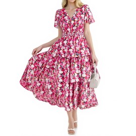 GRACE KARIN Women's 2025 Floral Summer Long Midi Dress V Neck Short Sleeve Tiered Ruffle Boho Swing Dresses Rose Pink Floral M