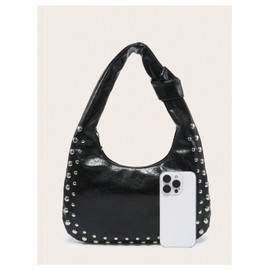 QWINEE Women's Studded Hobo Purses PU Leather Designer Shoulder Handbags Zipper Knot Bag Black One Size