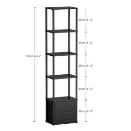 6-Tier Bookshelf with Drawer, Narrow Bookshelves Organizer, Floor Standing Ladder Shelf, Tall Bookcase for Small Space, Book shelf with Storage for Living Room,Bedroom,Office,Study Black HBC505B