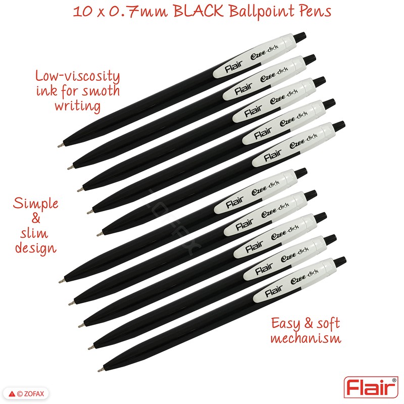 FLAIR 10 x 0.7mm Ezee Click BLACK Ballpoint Retractable Pens