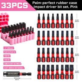 Geinxurn Impact Torx Screwdriver Bits Set, 33 Pieces 1”Magnetic S2 Steel Multi Star Driver Bits(T10-T40) and 1 Pc Bit Holder with Pink Soft Base