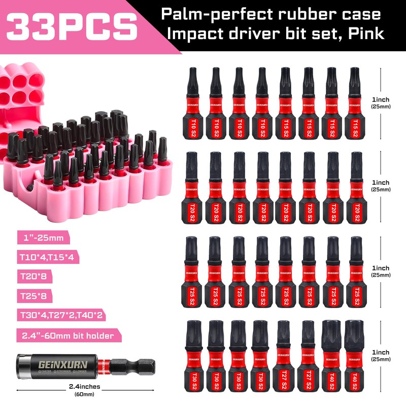 Geinxurn Impact Torx Screwdriver Bits Set, 33 Pieces 1”Magnetic S2