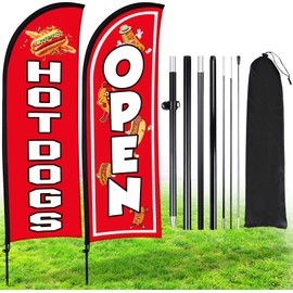Buryeah 2 Sets Hot Dogs Open Feather Flag Kit for Business Advertising 8 ft Open Flag with Pole Ground Stake Portable Bag, Hot Dog Sign for Advertising Outside (Red)