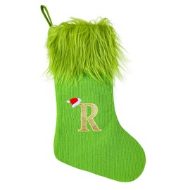18 Inches Monogram Christmas Stockings Green Knitted Cloth with Faux Fur Hanging Stocking Green Elf Xmas Stocking Decor Treat Bag Candy Pouch Holder Favor for Fireplace Gift Present Xmas Tree Decor