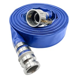 Poolzilla 1.5" x 50' Flat Industrial Blue PVC Backwash Hose with Aluminum Camlock with C & E Fittings, Heavy Duty Reinforced Pump Backwash Hose For Swimming Pools & Spas, 90 PSI Max Pressure