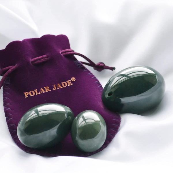 Genuine Nephrite Jade Eggs 3-pcs Set, Most Luxury, Exquisite & Healing Yoni Eggs, Drilled, 3 Sizes: Large, Medium & Small