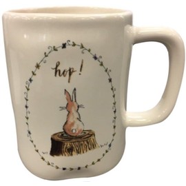 Rae Dunn Artisan Collection By Magenta Easter Mug Dishwasher Safe HOP-Bunny Rabbit On A Stump Backwards