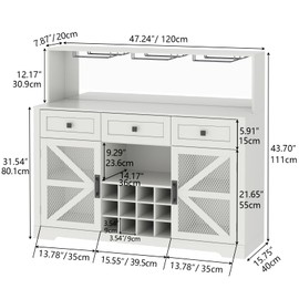 Auromie Buffet Cabinet with LED Lights, Coffee Bar Cabinet with Wine Racks and Glass Holders & Adjustable Shelves, Kitchen Storage Sideboard Cabinets with 3 Drawers for Home, Dining Room (White)