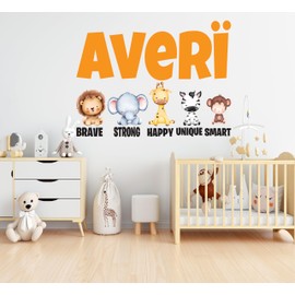 Custom Name Watercolor Baby Safari Animals Wall Decal - Watercolor Jungle Animals Wall Stickers - Baby Jungle Themed Nursery Decor - Wall Decal for Nursery Bedroom playroom Decoration