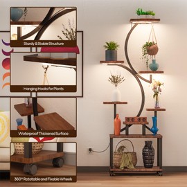 Plant Stand with Grow Light, 61" Tall Indoor Plant Shelf, 8 Tiered Large Flower Holder with 4 Wheels, Lighted Decorative S-Shaped Flower Multiple Display Shelves for Home, Office