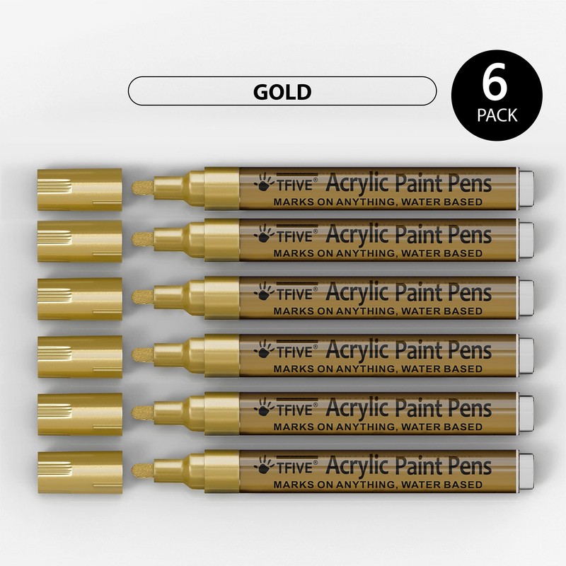 Gold Acrylic Paint Marker Pens - 2-3mm Medium Tip, 6