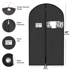 ManGotree Black Garment Bags, Men/Women Suit Bags for Travel, Garment Covers for Hanging Clothes, Nonwoven Breathable Clothing Protectors with Zipper for Closet Storage (24'' X 40'', 5 Packs)