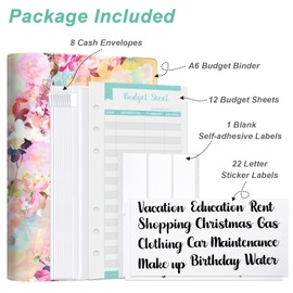 Rnivvi Budget Binder with Zipper Envelopes, A6 Money Saving Binder Cash Envelopes for Budgeting, PU Leather Budget Planner Money Organizer for Cash Bills, Floral Budget Wallet for Women, Pink Flower