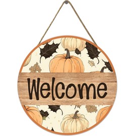 Wood Pumpkin Welcome Sign Fall Wood Door Sign, Rustic Round Farmhouse Porch Garden Yard Home Decor 12 x 12 Inch