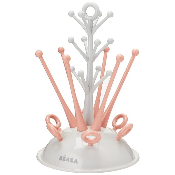 BÉABA, Baby Bottle Drainer Tree, Large Capacity 6 Bottles and Accessories, Removable Water Collection Tray, Practical, Clever Design, Old Pink