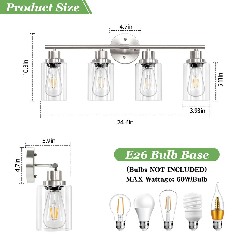 Guliaofo 4-Light Nickel Bathroom Light Fixtures, E26 Modern Vanity Lights