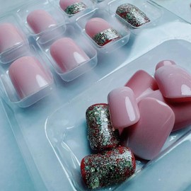 Square Press on Nails Medium French Tips Fake Nails Silver Glitter Acrylic Nails Press ons Gradient French Glue on Nails Shiny Stick on Nails Nude False Nails for Women Girls Nails Decoration 24Pcs