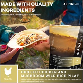 AlpineAire Foods Grilled Chicken and Mushroom Wild Rice Pilaf 4.87 Oz Ready to Eat Lightweight Meal 2 Servings, 530 Calories Perfect for Camping, Hiking & Emergency Preparedness Made in USA Pack of 1