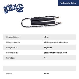 Herbertz Hand Chainsaw Made of Stainless 3Cr13 Steel, Two Padded Hand Loops, 117 cm, Belt Case, Outdoor Hand Chainsaw for Garden, Camping or Hiking