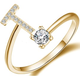 Haoze Initial Letter Ring for Women Rose Gold Stackable Alphabet Rings with Initial Adjustable Crystal Inlaid Initial Rings above 12 years old (T Golds)