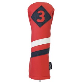 Majek Retro Golf Headcover Red with White and Blue Stripe Vintage Leather Style #3 Fairway Wood Head Cover Classic Look