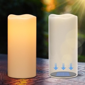 DRomance 8" Large Solar Flameless Candles Outdoor Waterproof Dusk to Dawn Solar Rechargeable Battery LED Flickering Pillar Candles for Patio Porch Garden Lantern Decor(2 Pack White)