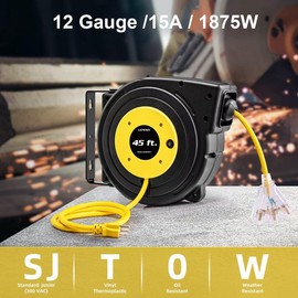 LEPENEL 45 Ft Retractable Extension Cord Reel,12 AWG/3C SJTOW Heavy Duty Power Cord, 15 Amp Circuit Breaker, Retractable Extension Cord with 3-Lighted Triple Outlets, Wall/Ceiling Mounted, UL Listed