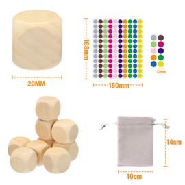 DHWEKU 30 Pieces Wooden Cubes, Blank Wooden Cubes, DIY Empty Cubes, 20 mm Wooden Cube with Bag with Drawstring Colour Dot Stickers, Unpainted Wooden Cubes for Decorations and Craft Projects