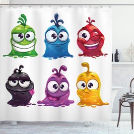 Ambesonne Gracioso Cortina de Baño, Caracteres Líquidos de Dibujos Animados, Paño Conjunto de Decoración de Baño de Tela y Ganchos, 70" Alto, Multicolor